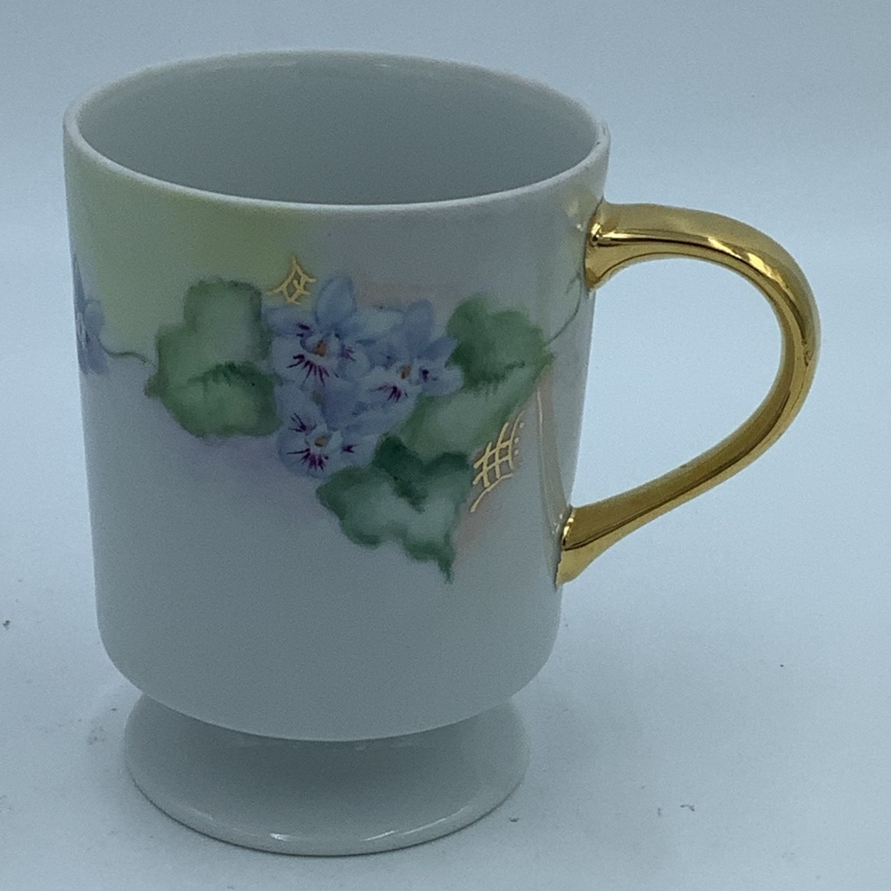 Vintage Hand Painted Footed Gold Handled Flowered Mug